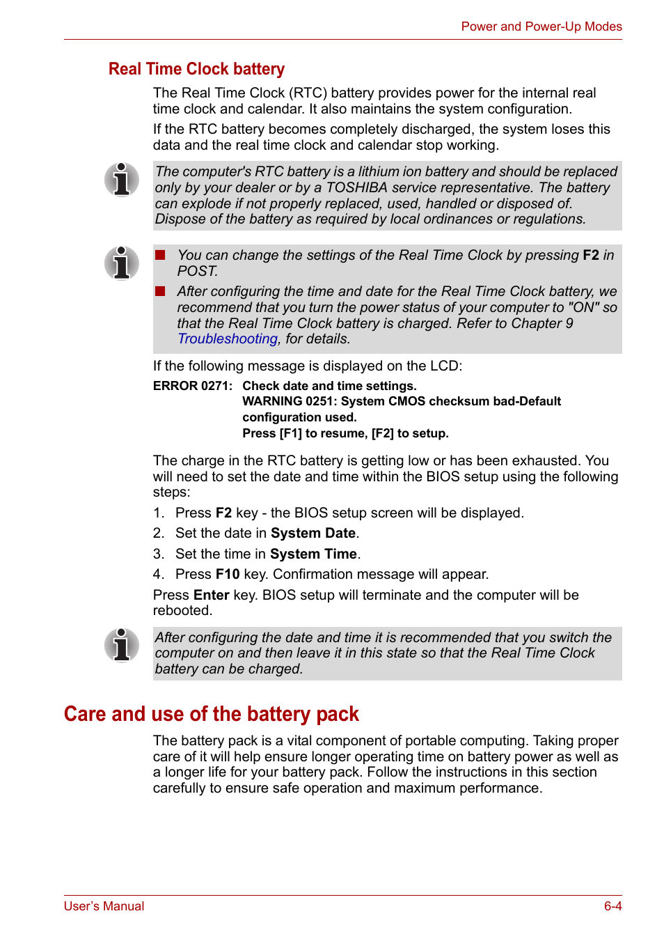 Care and use of the battery pack, Care and use of the battery pack -4, Real time clock battery | Toshiba U300 Series PSA50 YXT User Manual | Page 78 / 147