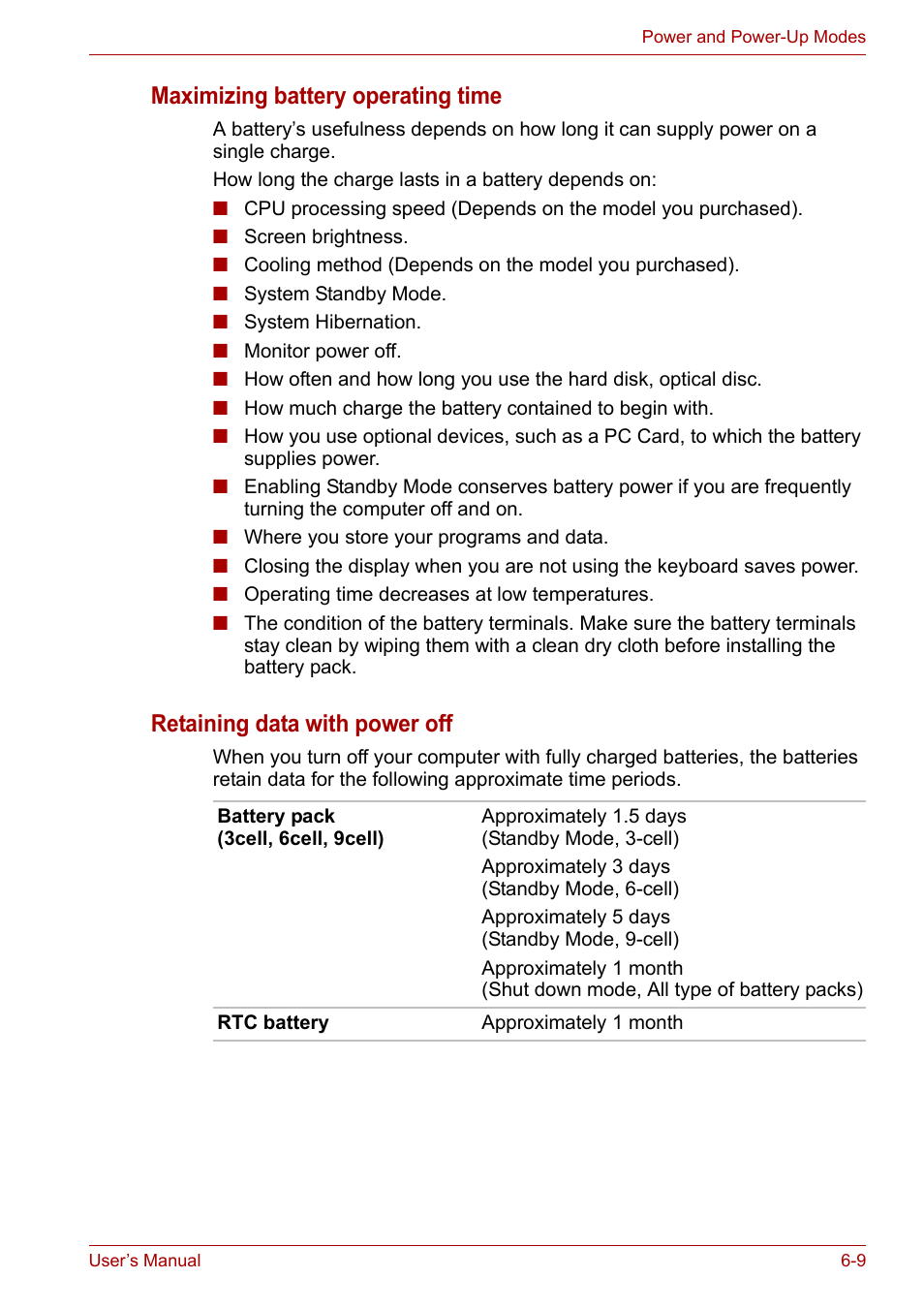 Maximizing battery operating time, Retaining data with power off | Toshiba U300 Series PSA50 YXT User Manual | Page 83 / 147