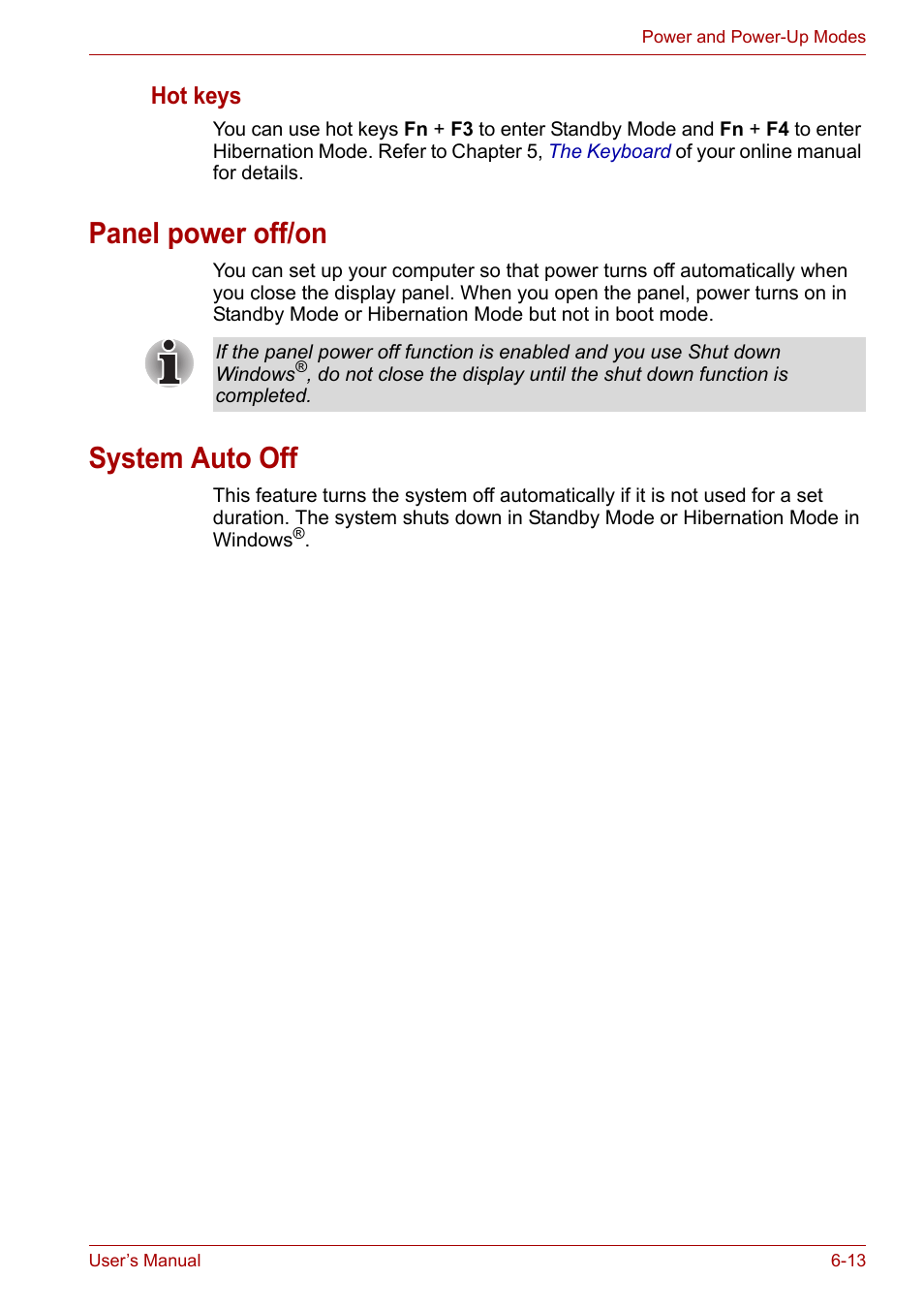 Panel power off/on, System auto off, Panel power off/on -13 system auto off -13 | Hot keys | Toshiba U300 Series PSA50 YXT User Manual | Page 87 / 147