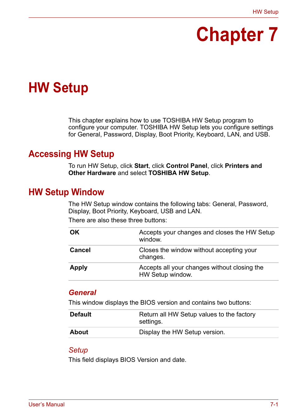 Chapter 7: hw setup, Accessing hw setup, Hw setup window | Chapter 7, Hw setup, Accessing hw setup -1 hw setup window -1, Apter 7 | Toshiba U300 Series PSA50 YXT User Manual | Page 88 / 147