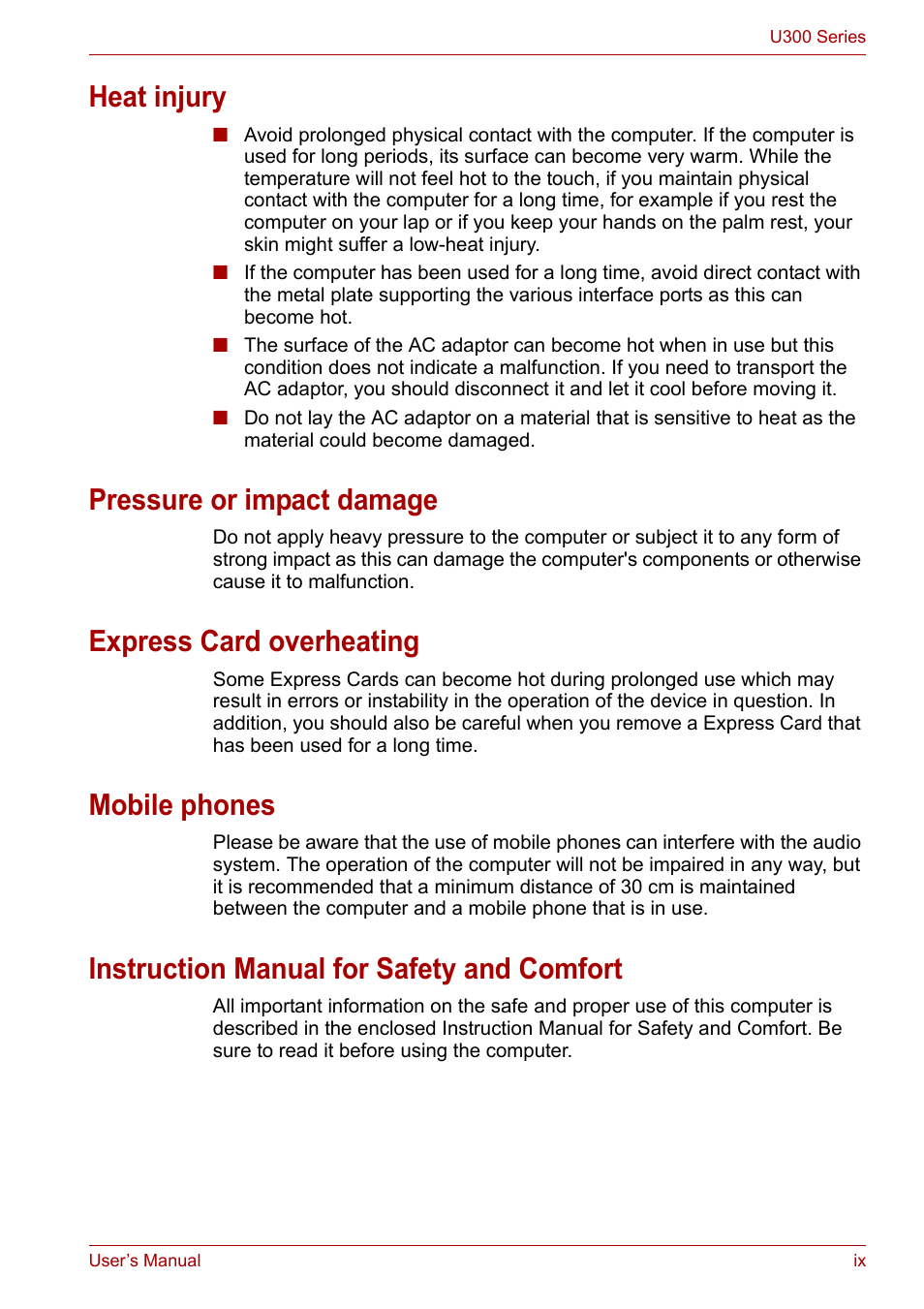 Heat injury, Pressure or impact damage, Express card overheating | Mobile phones, Instruction manual for safety and comfort | Toshiba U300 Series PSA50 YXT User Manual | Page 9 / 147