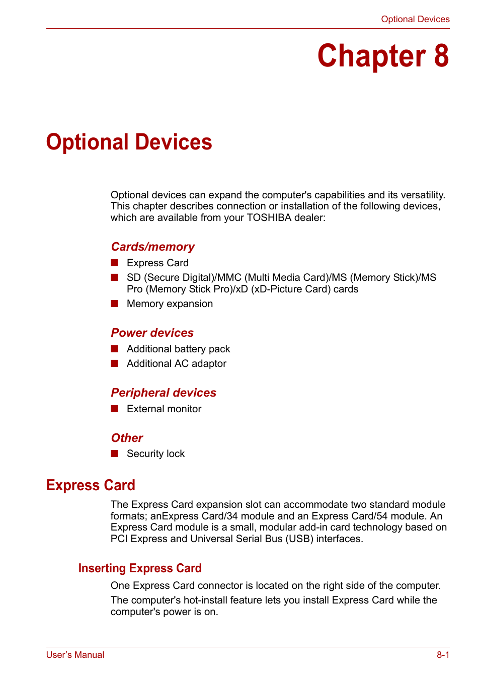 Chapter 8: optional devices, Express card, Chapter 8 | Optional devices, Express card -1 | Toshiba U300 Series PSA50 YXT User Manual | Page 91 / 147
