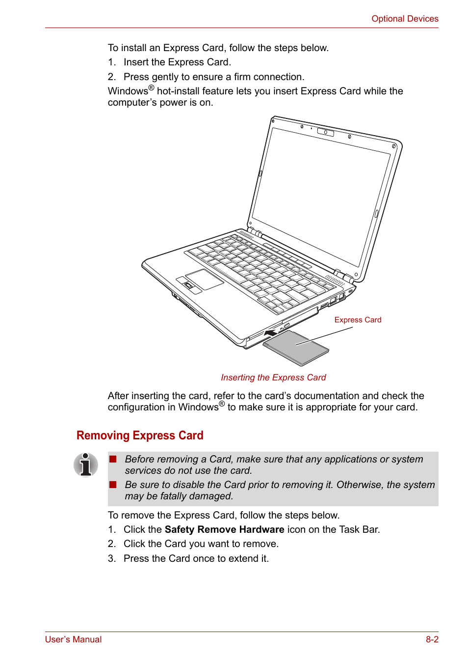 Removing express card | Toshiba U300 Series PSA50 YXT User Manual | Page 92 / 147