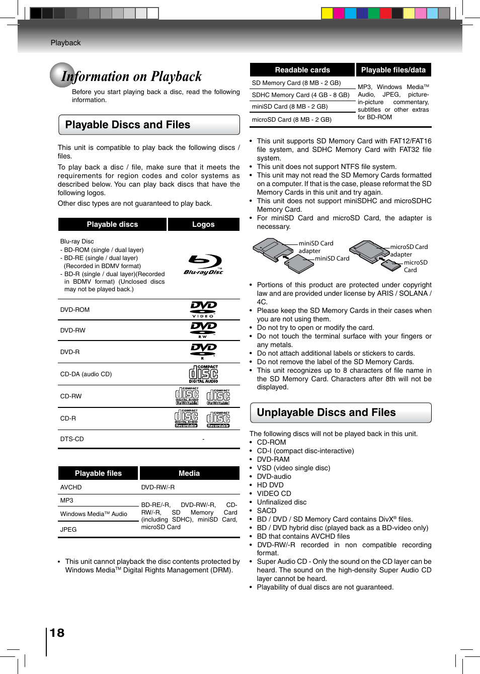 Information on playback | Toshiba BDX2500KU User Manual | Page 18 / 60