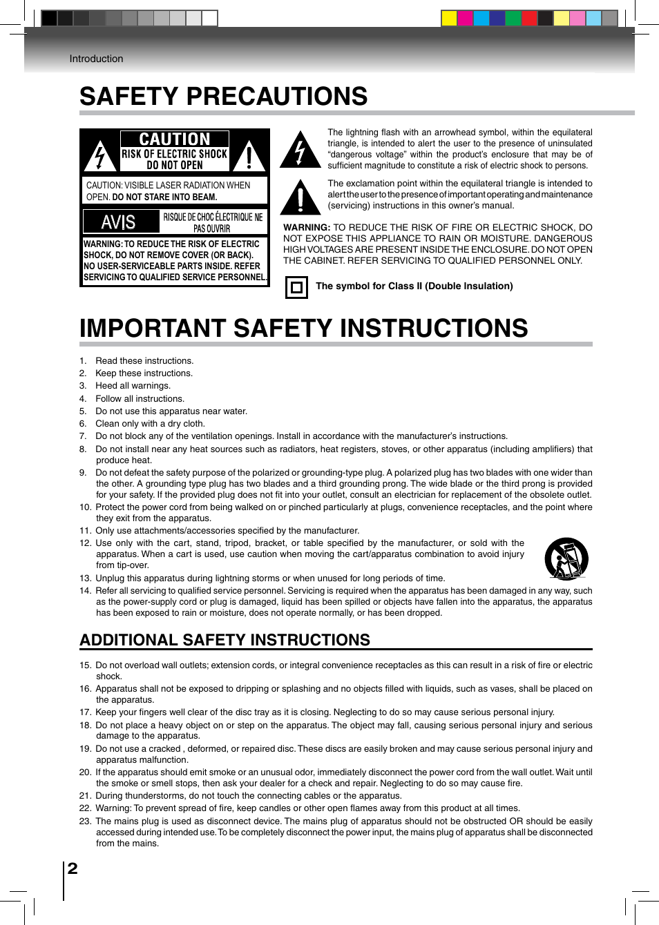 Safety precautions, Important safety instructions, Avis | Additional safety instructions | Toshiba BDX2500KU User Manual | Page 2 / 60