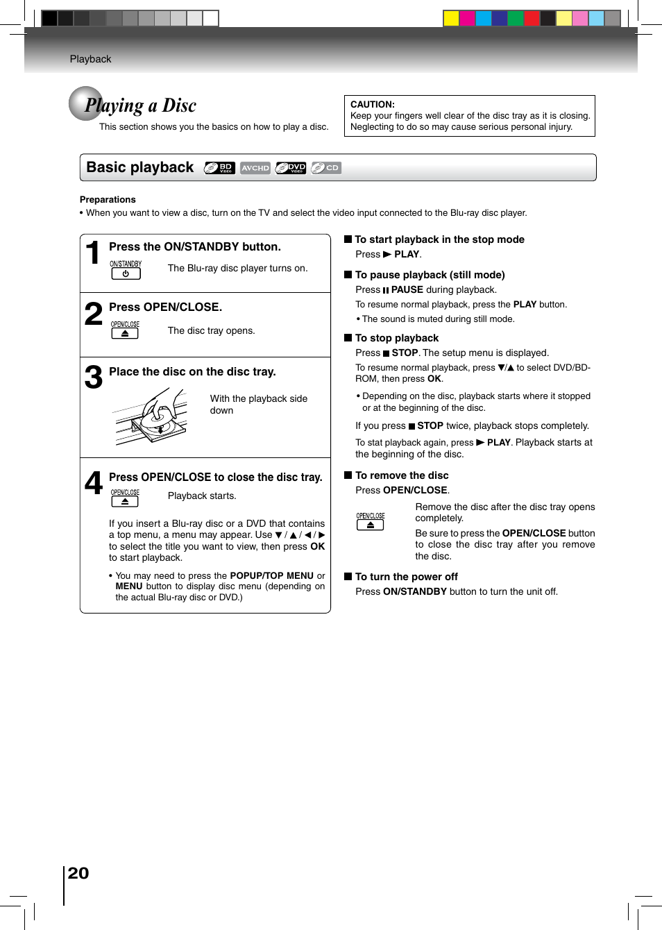 Playing a disc, Basic playback | Toshiba BDX2500KU User Manual | Page 20 / 60