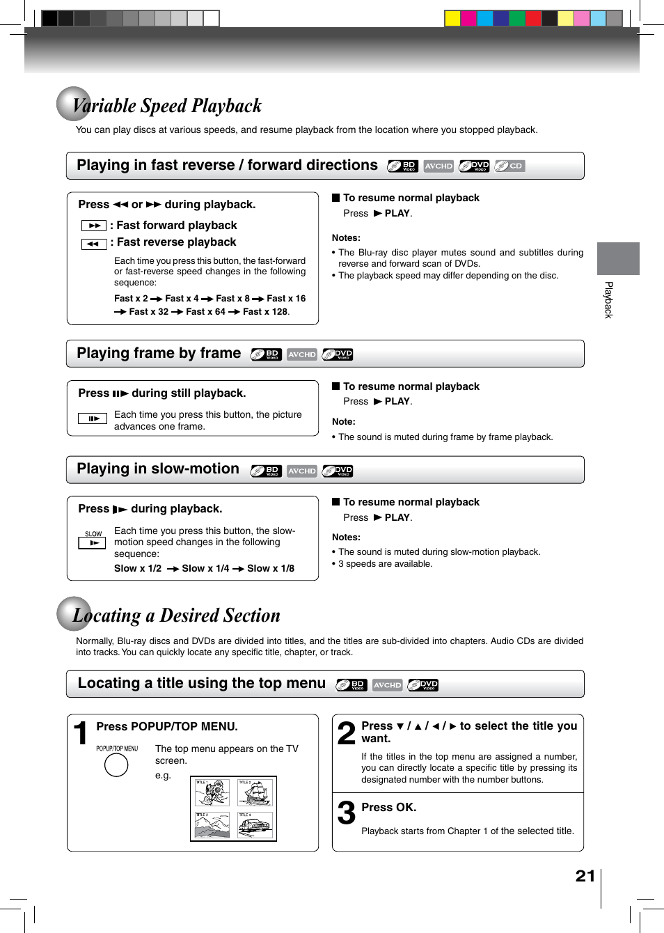 Variable speed playback | Toshiba BDX2500KU User Manual | Page 21 / 60
