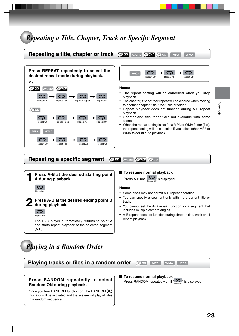 Playing in a random order, Repeating a title, chapter or track, Repeating a specific segment | Playing tracks or files in a random order | Toshiba BDX2500KU User Manual | Page 23 / 60