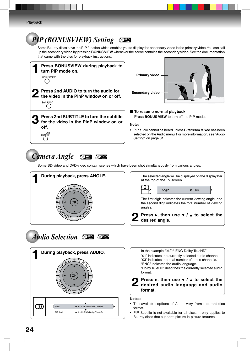 Pip (bonusview) setting, Camera angle audio selection | Toshiba BDX2500KU User Manual | Page 24 / 60