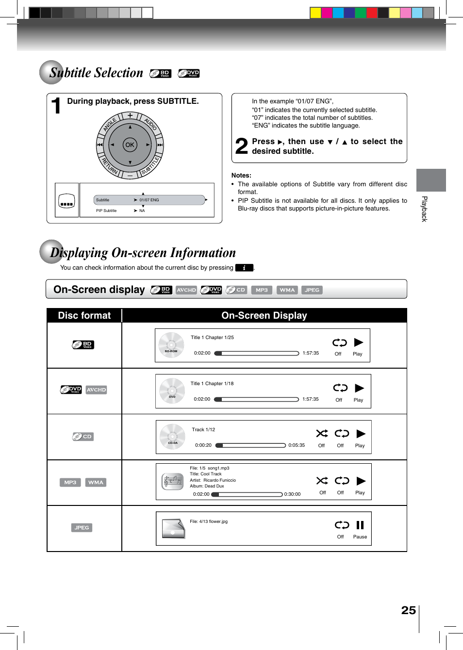 Displaying on-screen information, Subtitle selection, On-screen display | Disc format on-screen display | Toshiba BDX2500KU User Manual | Page 25 / 60