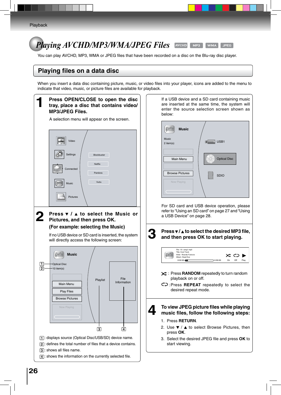Playing avchd/mp3/wma/jpeg files, Playing files on a data disc | Toshiba BDX2500KU User Manual | Page 26 / 60