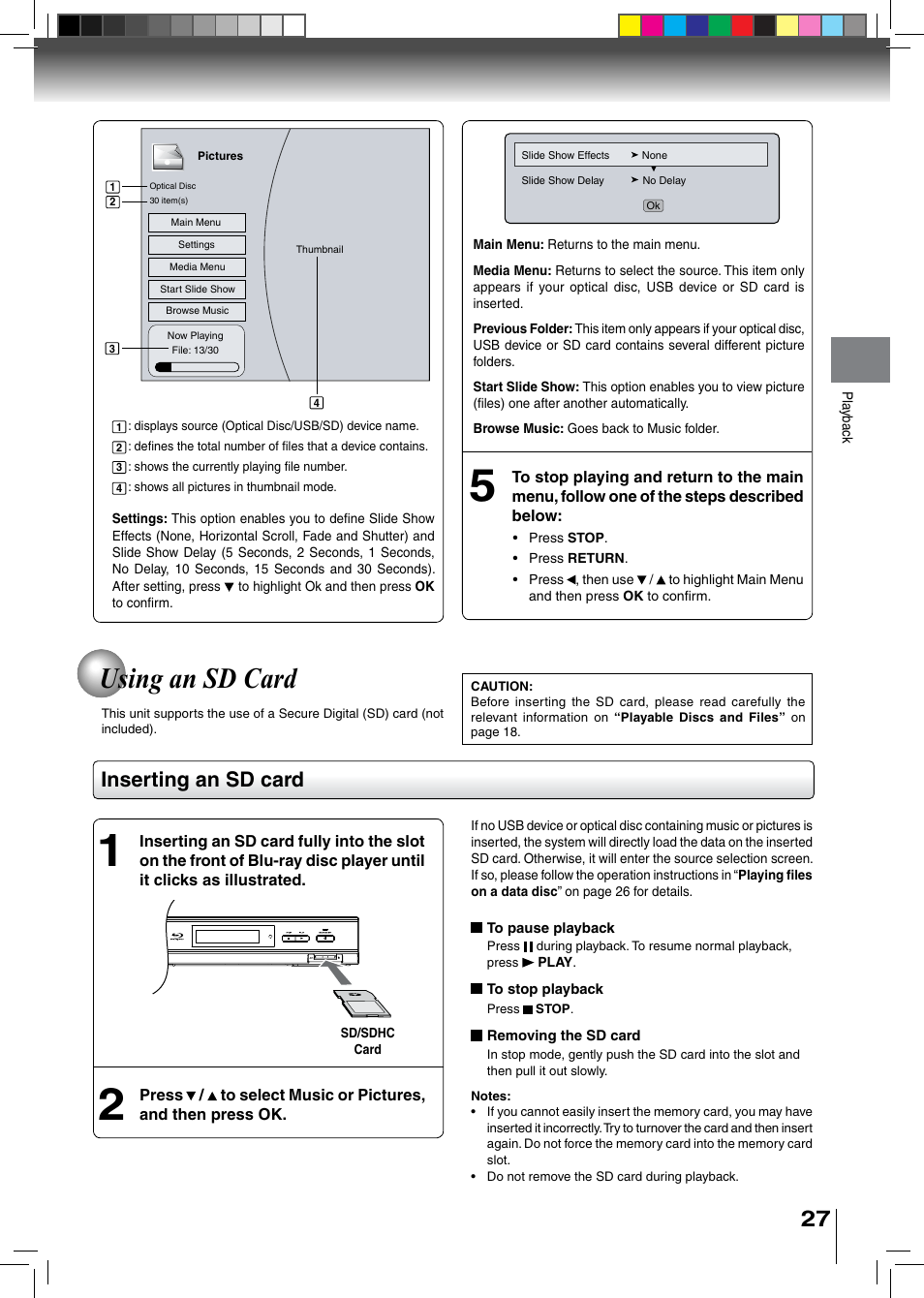 Using an sd card, Inserting an sd card | Toshiba BDX2500KU User Manual | Page 27 / 60