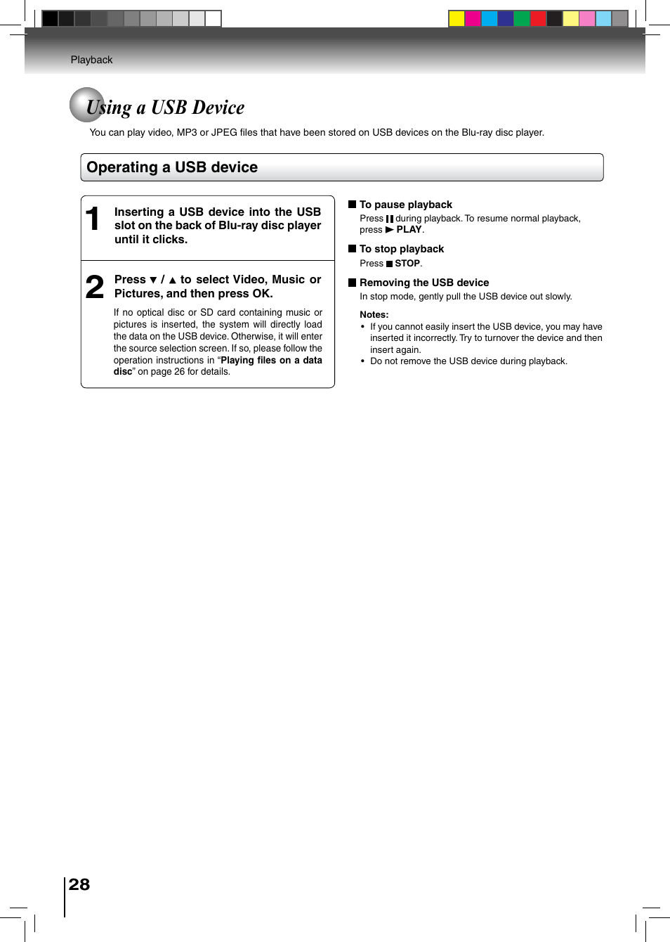 Using a usb device, Operating a usb device | Toshiba BDX2500KU User Manual | Page 28 / 60