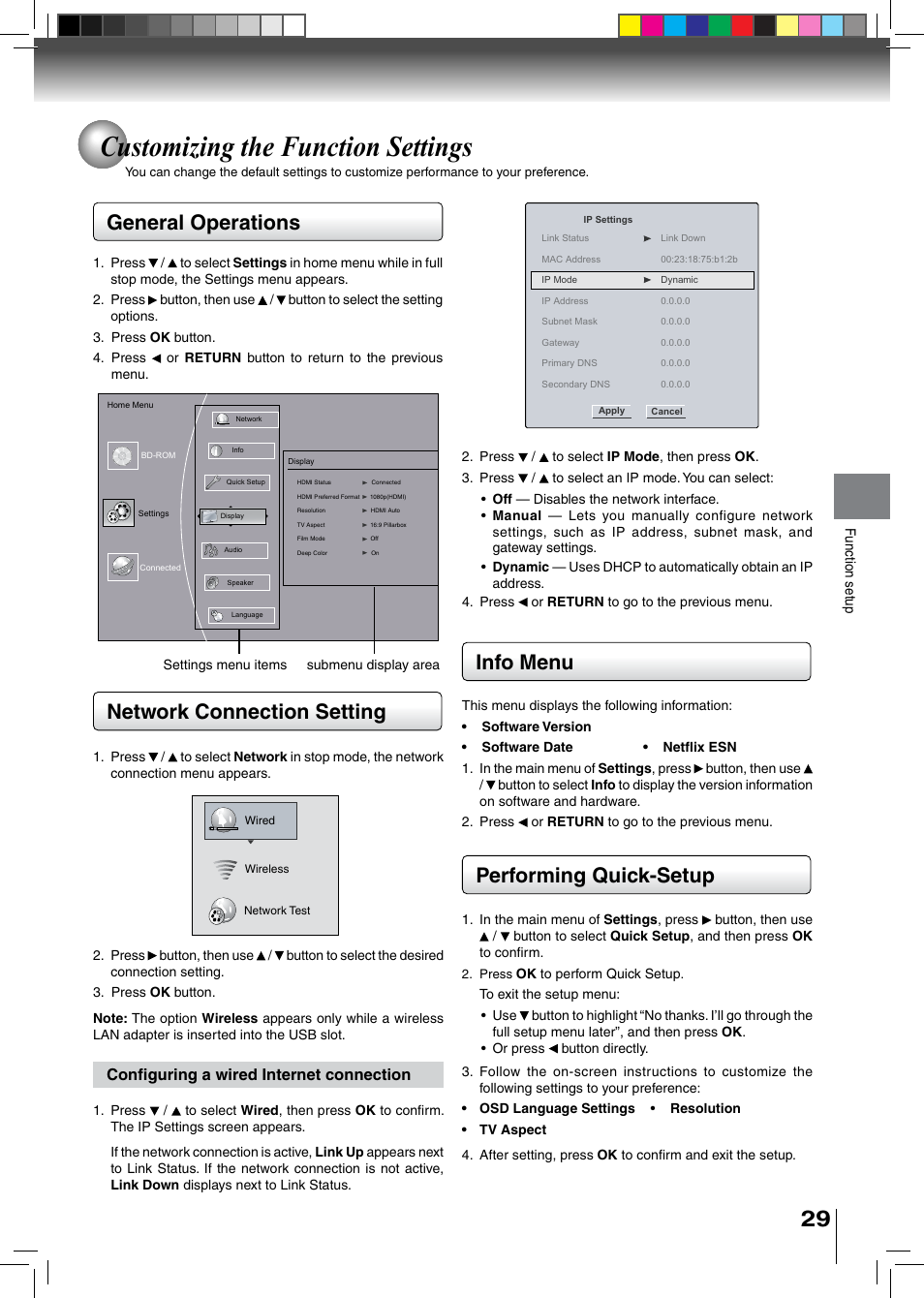 Customizing the function settings, General operations, Network connection setting | Info menu performing quick-setup, Configuring a wired internet connection | Toshiba BDX2500KU User Manual | Page 29 / 60