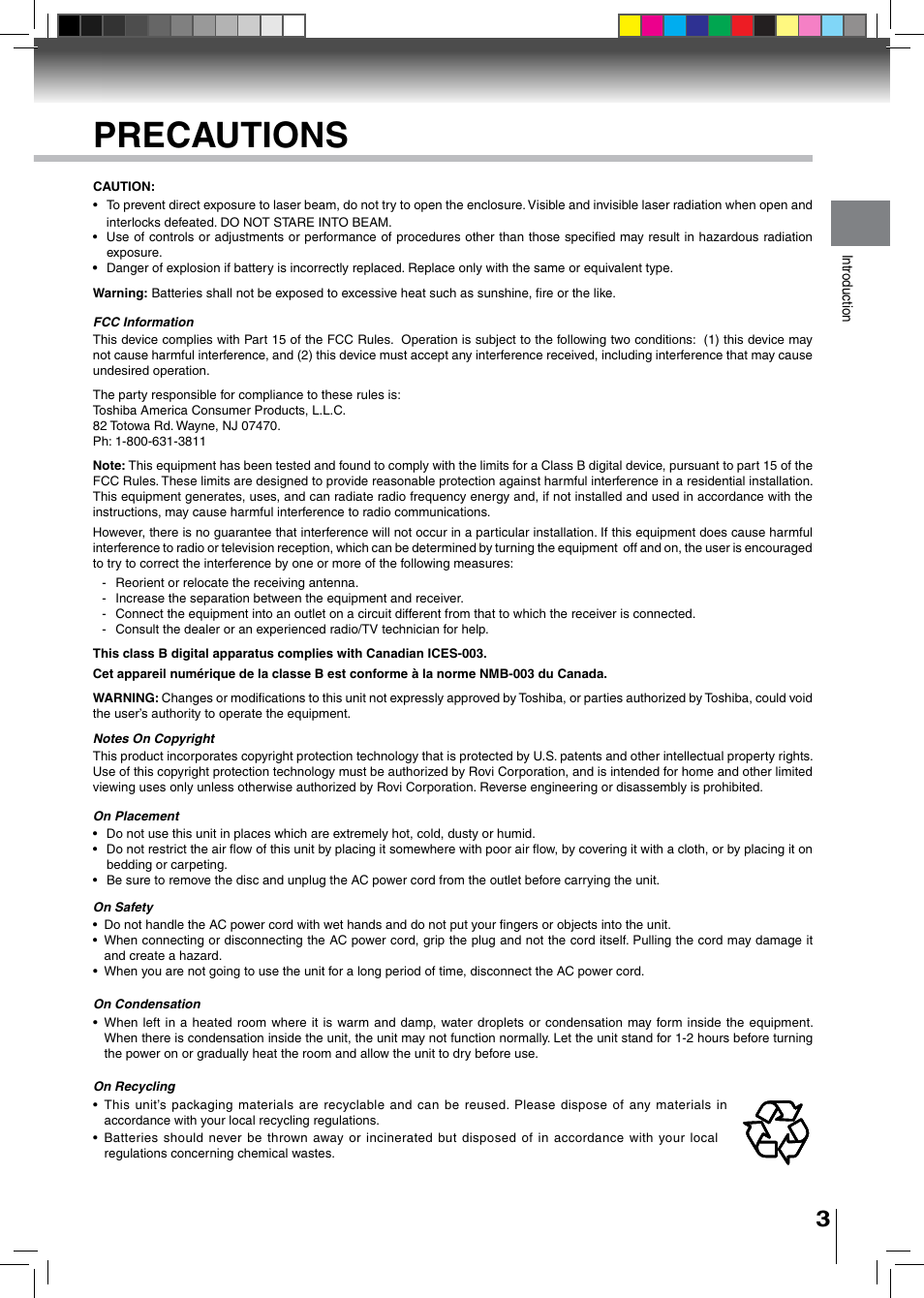 Safety precautions precautions | Toshiba BDX2500KU User Manual | Page 3 / 60