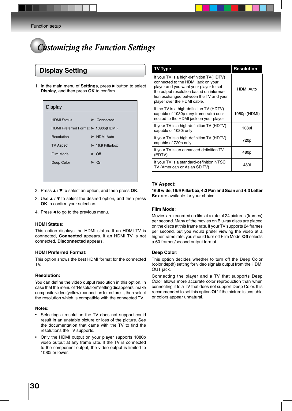 Customizing the function settings, Display setting | Toshiba BDX2500KU User Manual | Page 30 / 60
