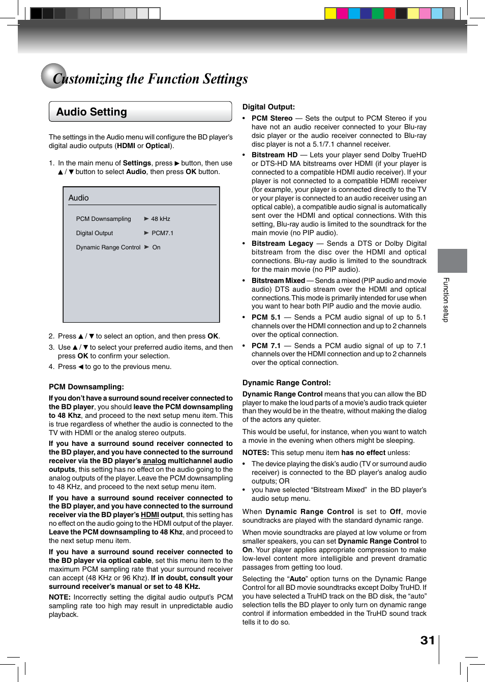 Customizing the function settings, Audio setting | Toshiba BDX2500KU User Manual | Page 31 / 60