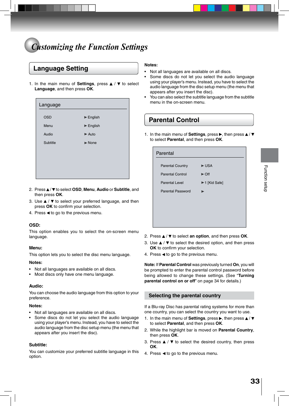 Customizing the function settings, Language setting parental control | Toshiba BDX2500KU User Manual | Page 33 / 60