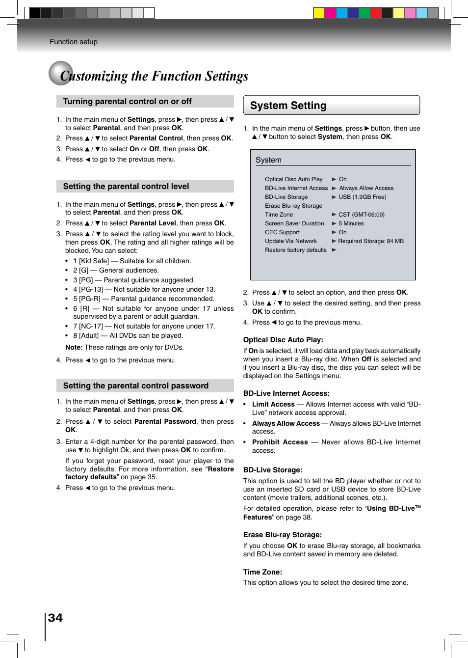 Customizing the function settings, System setting | Toshiba BDX2500KU User Manual | Page 34 / 60