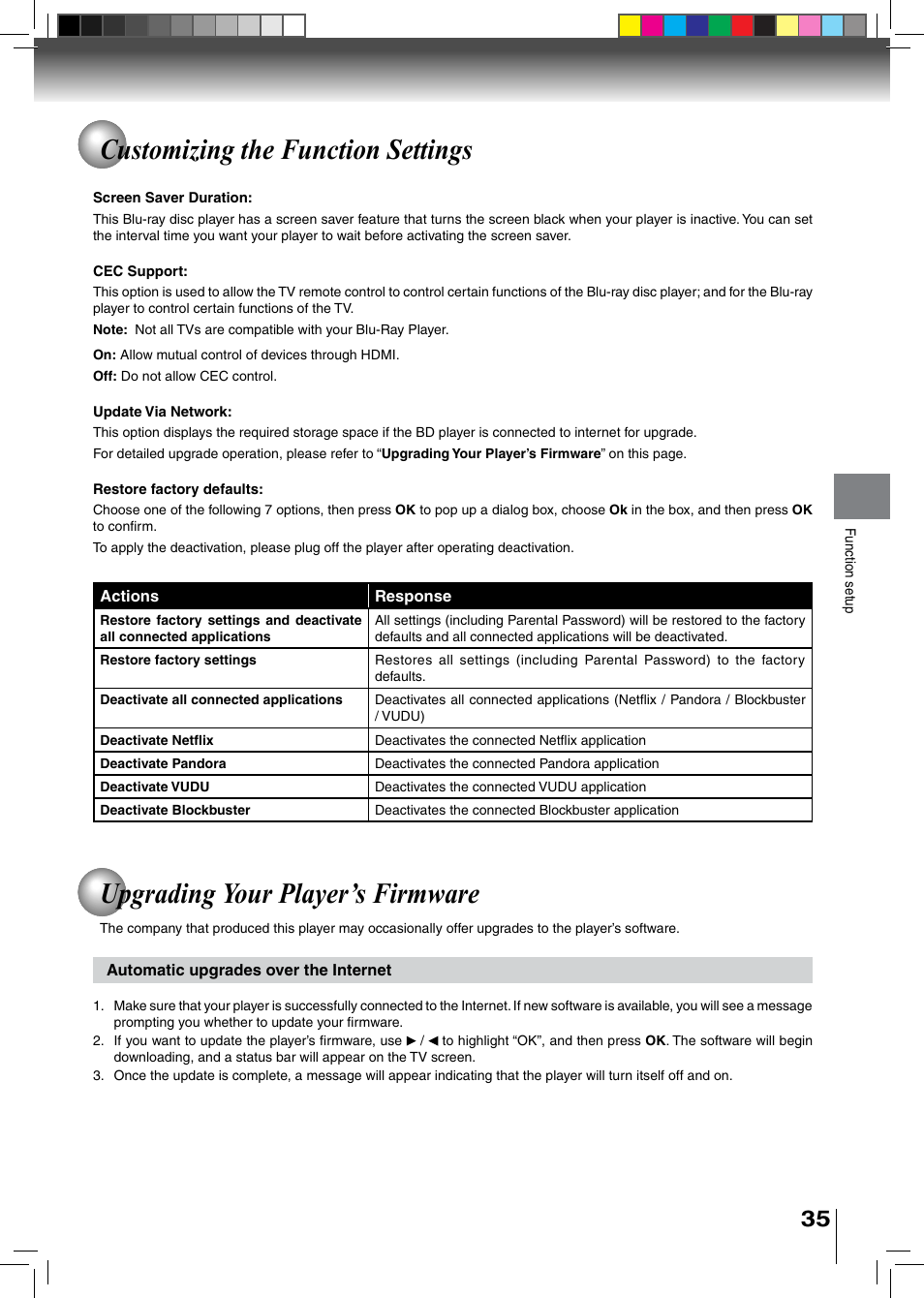 Customizing the function settings, Upgrading your player’s firmware | Toshiba BDX2500KU User Manual | Page 35 / 60