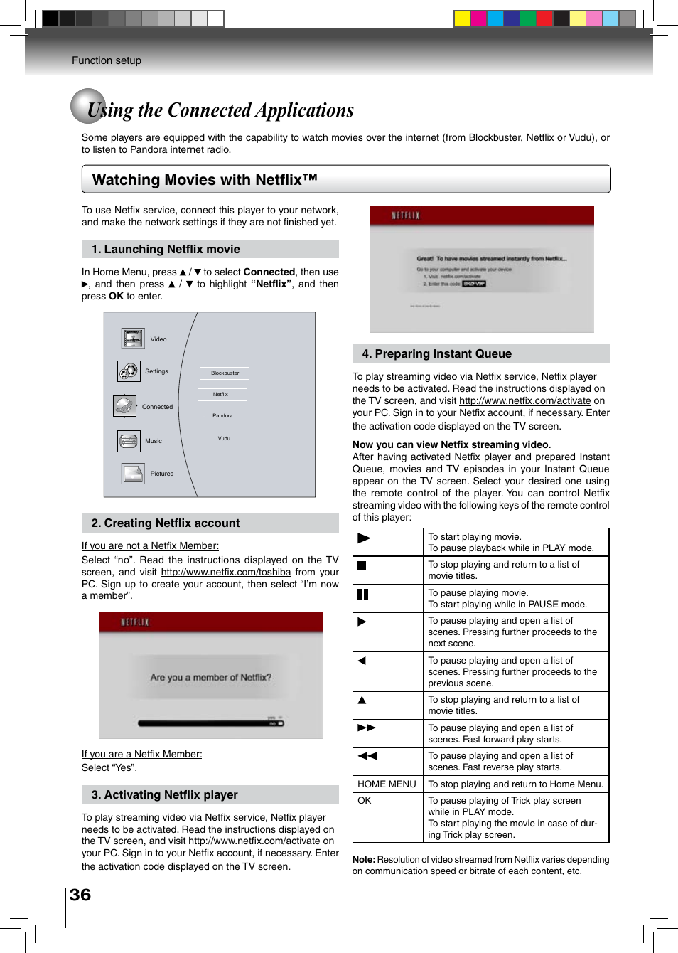 Using the connected applications, Watching movies with netflix | Toshiba BDX2500KU User Manual | Page 36 / 60