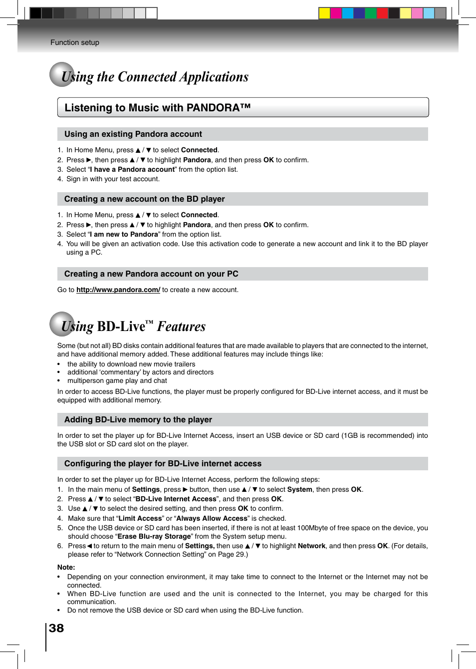 Using bd-live, Features, Using the connected applications | Listening to music with pandora | Toshiba BDX2500KU User Manual | Page 38 / 60