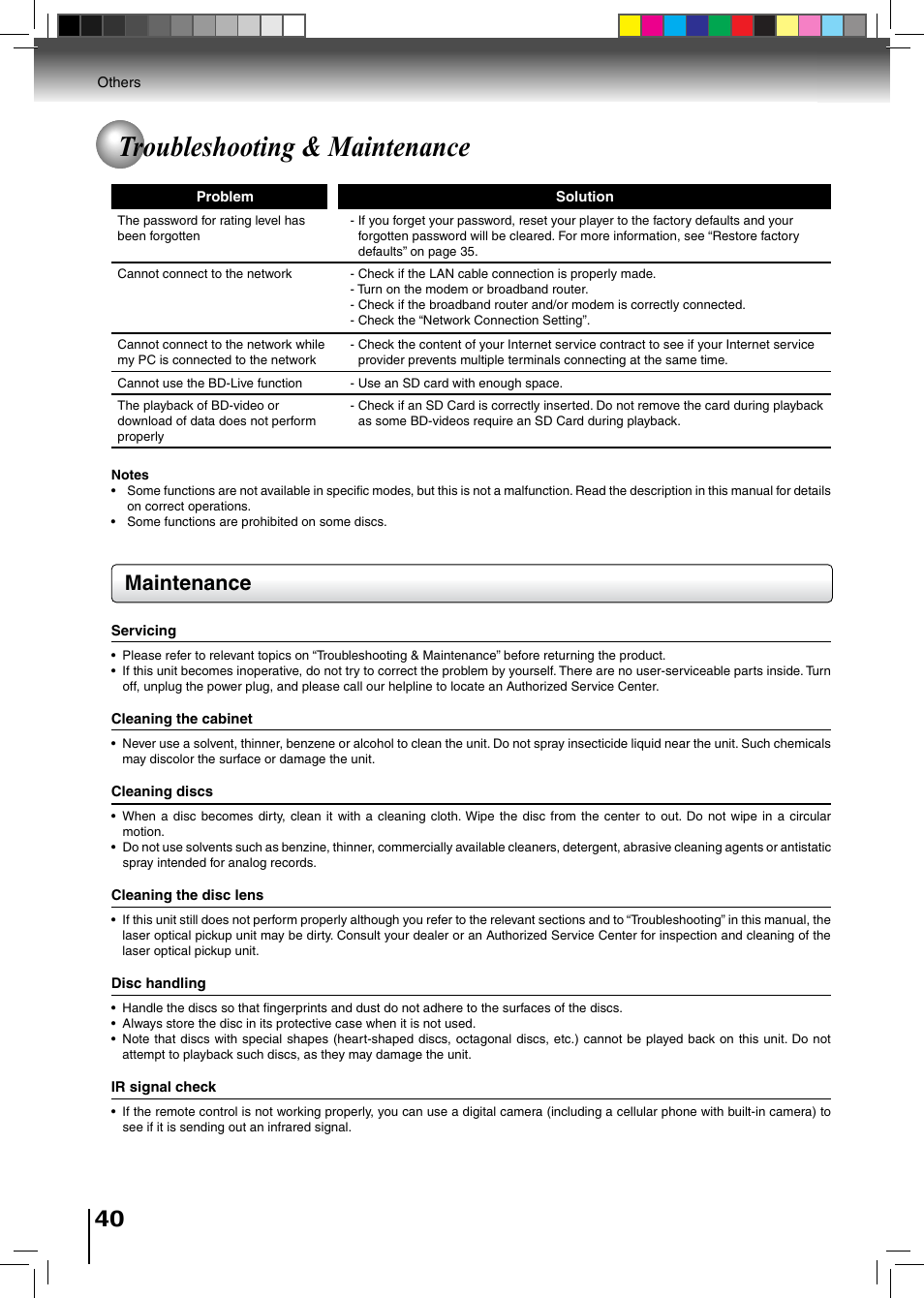 Troubleshooting & maintenance, Maintenance | Toshiba BDX2500KU User Manual | Page 40 / 60