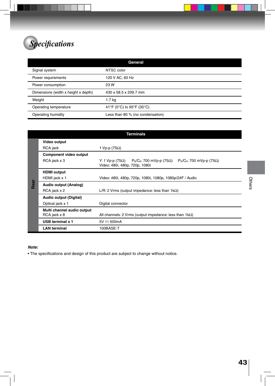 Specifications | Toshiba BDX2500KU User Manual | Page 43 / 60