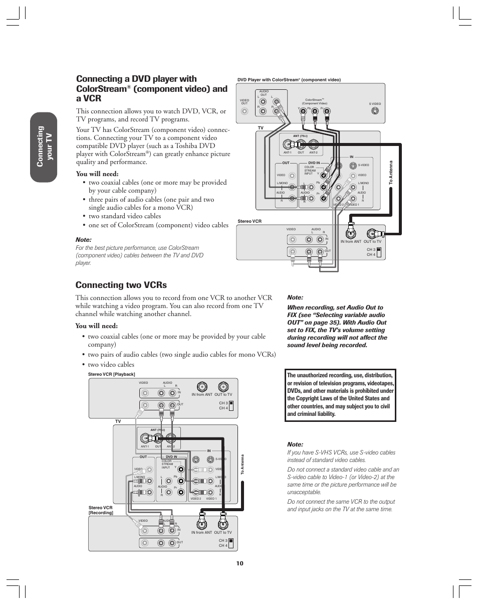 Dvd player with colorstream and a vcr, Two vcrs, Connecting a dvd player with colorstream | Component video) and a vcr, Connecting two vcrs, Ref er ence, Connecting y our t v | Toshiba 36AF12 User Manual | Page 10 / 41