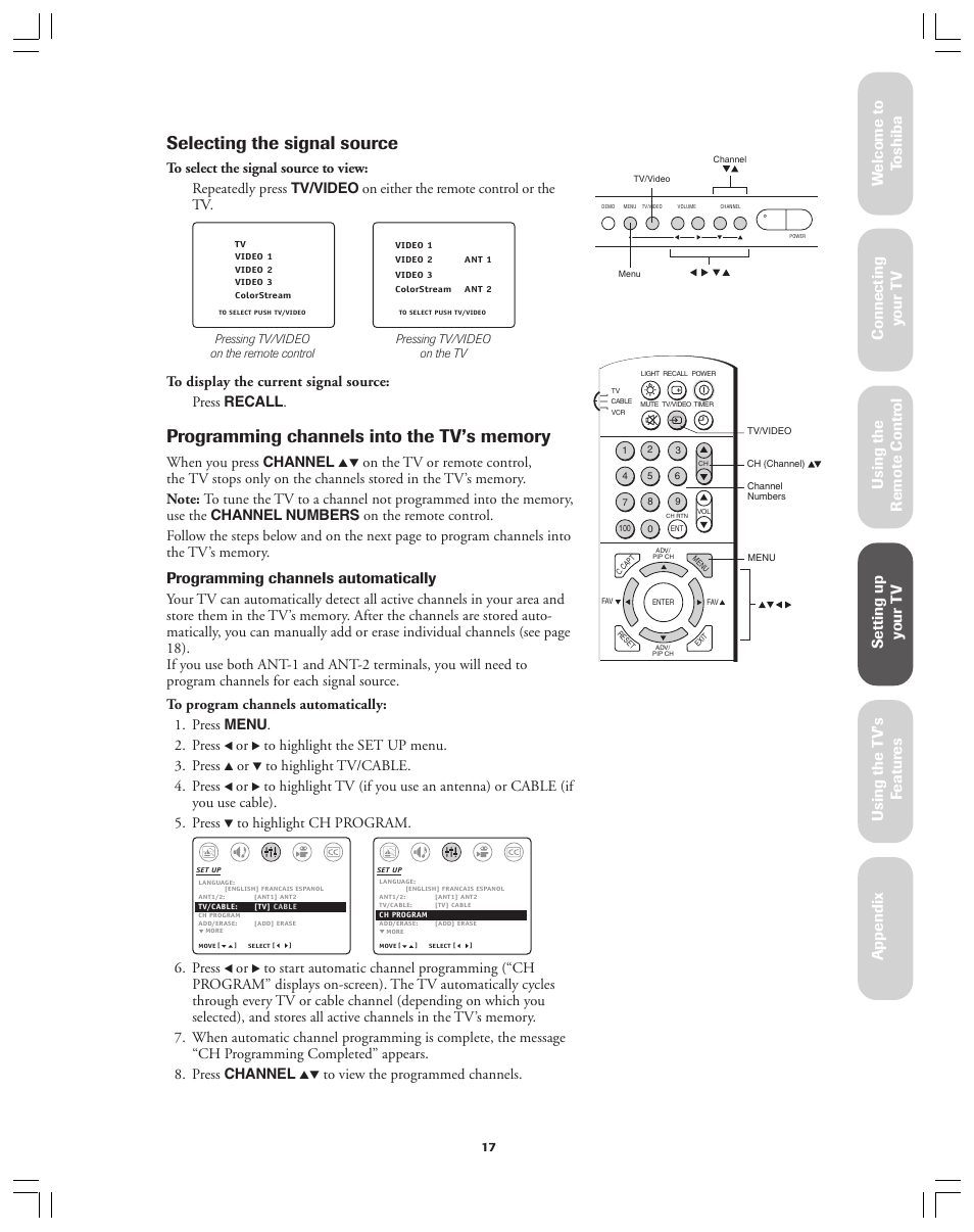 Selecting signal source, Programming channels into the tv's memory, Selecting the signal source | Ref er ence, Programming channels automatically, When you press channel, Press | Toshiba 36AF12 User Manual | Page 17 / 41