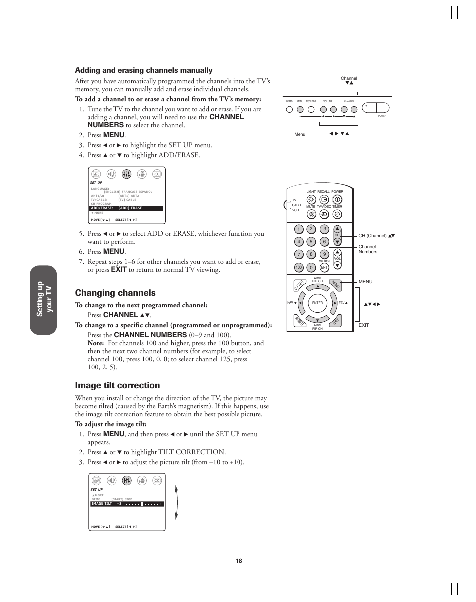 Changing channels, Image tilt correction, Press | Until the set up menu appears. 2. press | Toshiba 36AF12 User Manual | Page 18 / 41