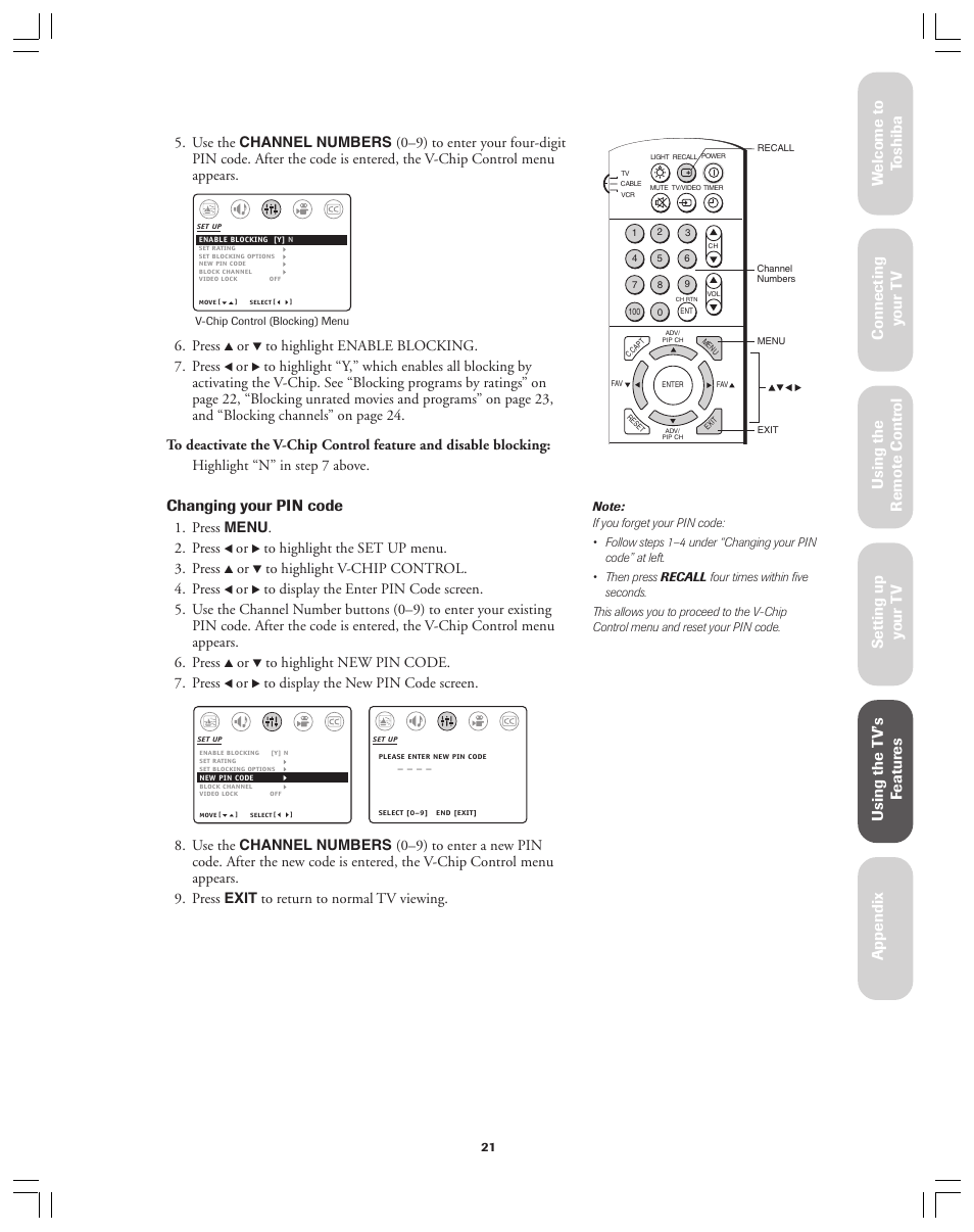 Ref er ence, Changing your pin code | Toshiba 36AF12 User Manual | Page 21 / 41