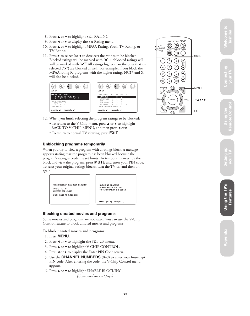 Ref er ence, Unblocking programs temporarily, Blocking unrated movies and programs | Toshiba 36AF12 User Manual | Page 23 / 41