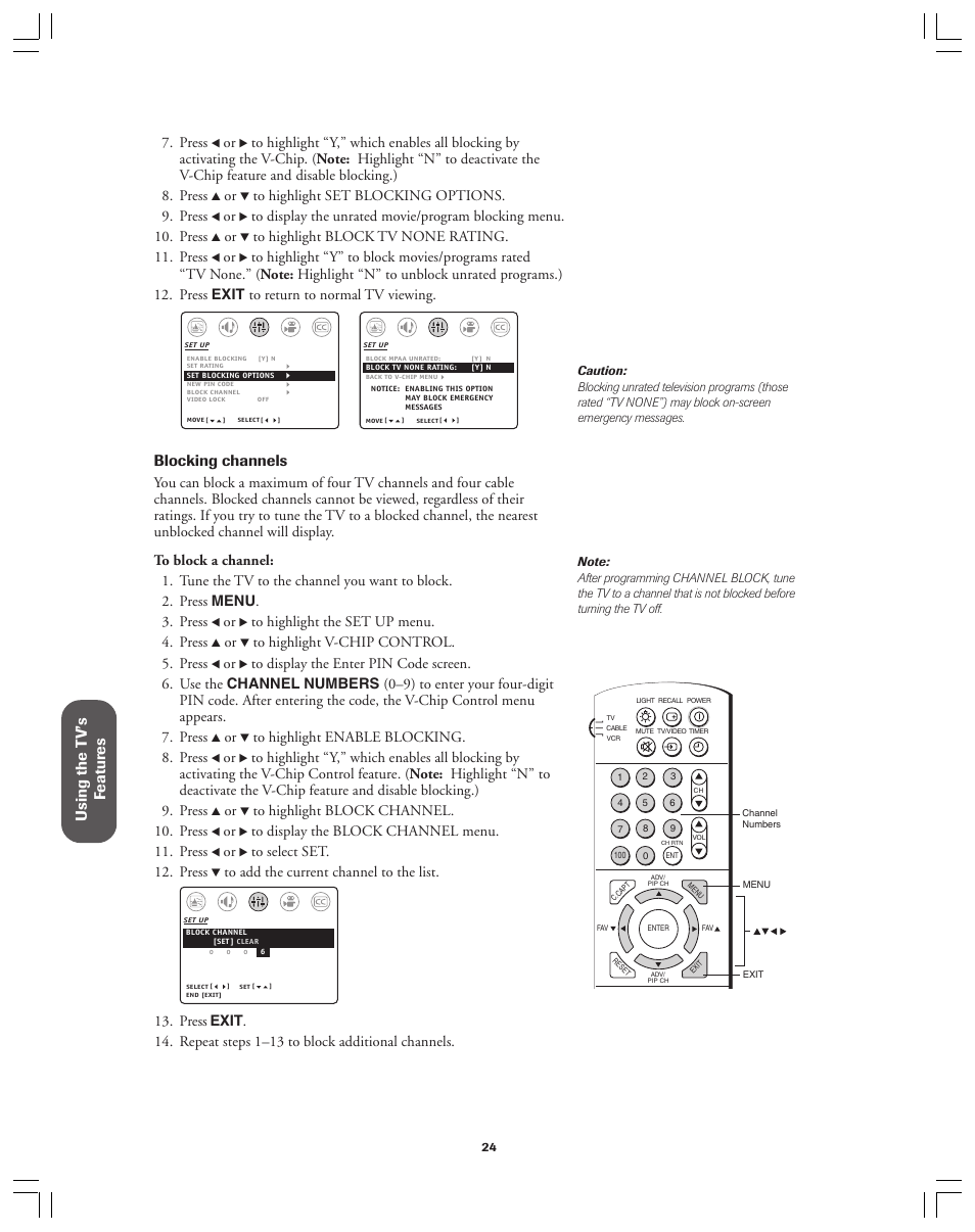 Using the t v’s f eatur es, Blocking channels, Press | Toshiba 36AF12 User Manual | Page 24 / 41