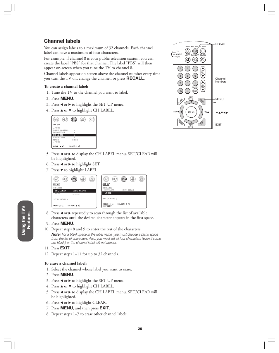 Channel labels, Using the t v’s f eatur es, Press | Toshiba 36AF12 User Manual | Page 26 / 41