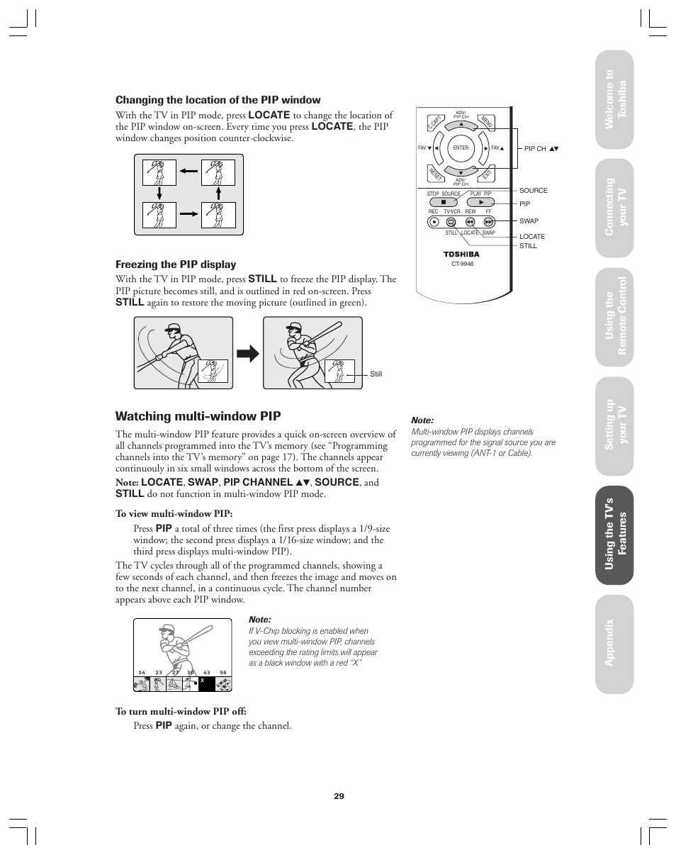 Multi-window pip, Watching multi-window pip, Ref er ence | Freezing the pip display | Toshiba 36AF12 User Manual | Page 29 / 41