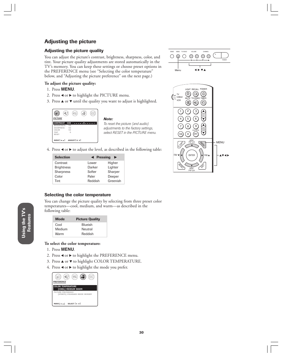 Adjusting the picture, Using the t v’s f eatur es, Adjusting the picture quality | Selecting the color temperature, Press | Toshiba 36AF12 User Manual | Page 30 / 41