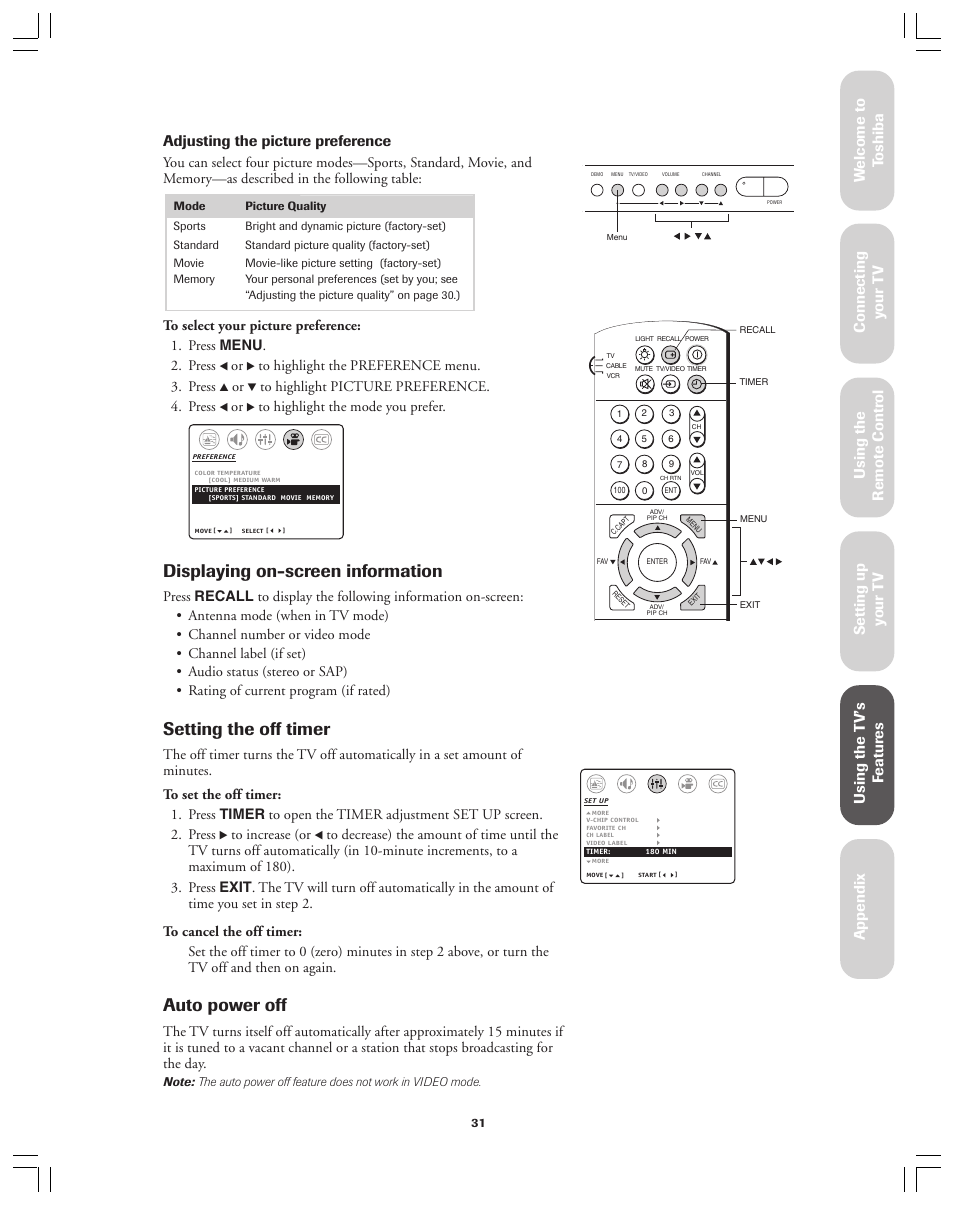 Displaying on-screen information, Setting the off timer, Auto power off | Ref er ence | Toshiba 36AF12 User Manual | Page 31 / 41