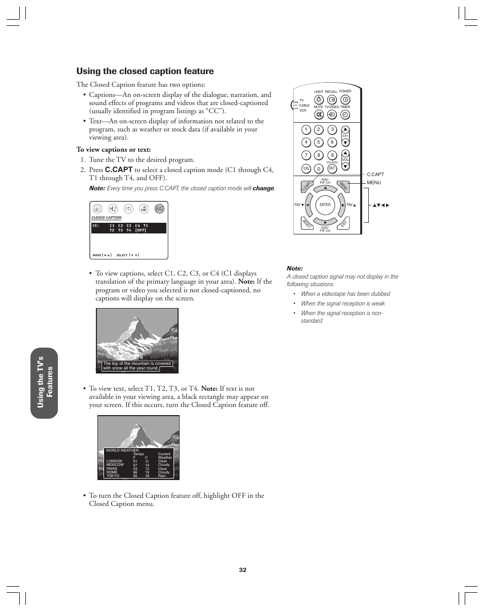 Closed caption, Using the closed caption feature, Using the t v’s f eatur es | Toshiba 36AF12 User Manual | Page 32 / 41