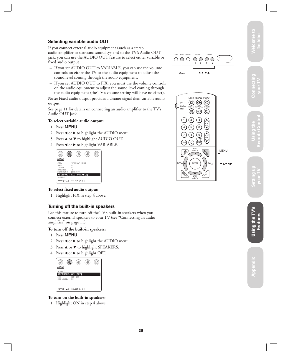 Ref er ence, Turning off the built-in speakers | Toshiba 36AF12 User Manual | Page 35 / 41