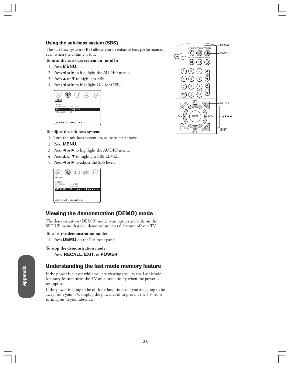 Viewing demonstration mode, Viewing the demonstration (demo) mode, Ref er ence | Appendix, Using the sub-bass system (sbs) | Toshiba 36AF12 User Manual | Page 36 / 41