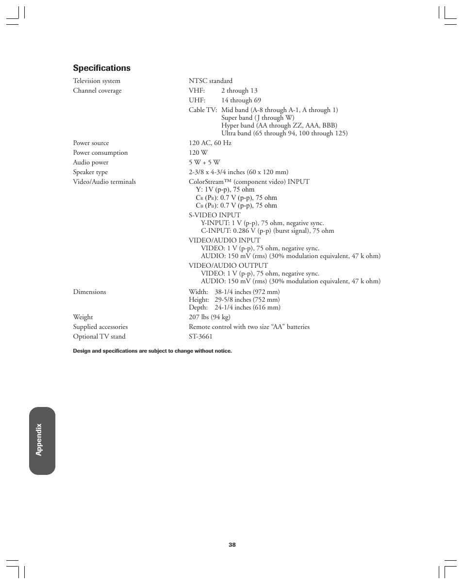 Specification, Specifications | Toshiba 36AF12 User Manual | Page 38 / 41