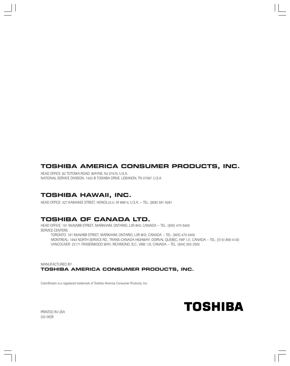 Back cover, Toshiba of canada ltd, Toshiba hawaii, inc | Toshiba america consumer products, inc | Toshiba 36AF12 User Manual | Page 41 / 41