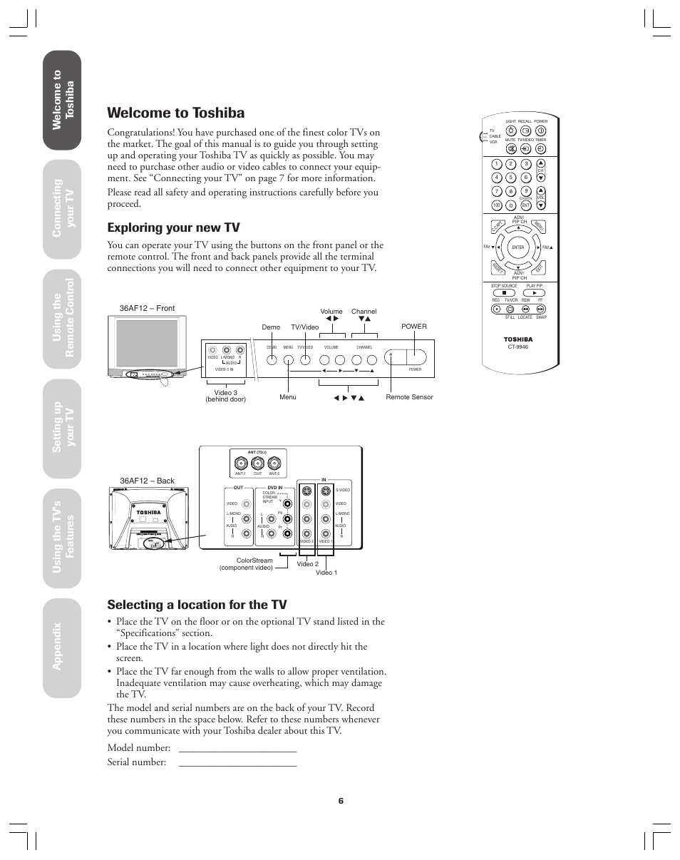 Welcome to toshiba, Exploring your new tv, Selecting a location for the tv | Ref er ence | Toshiba 36AF12 User Manual | Page 6 / 41