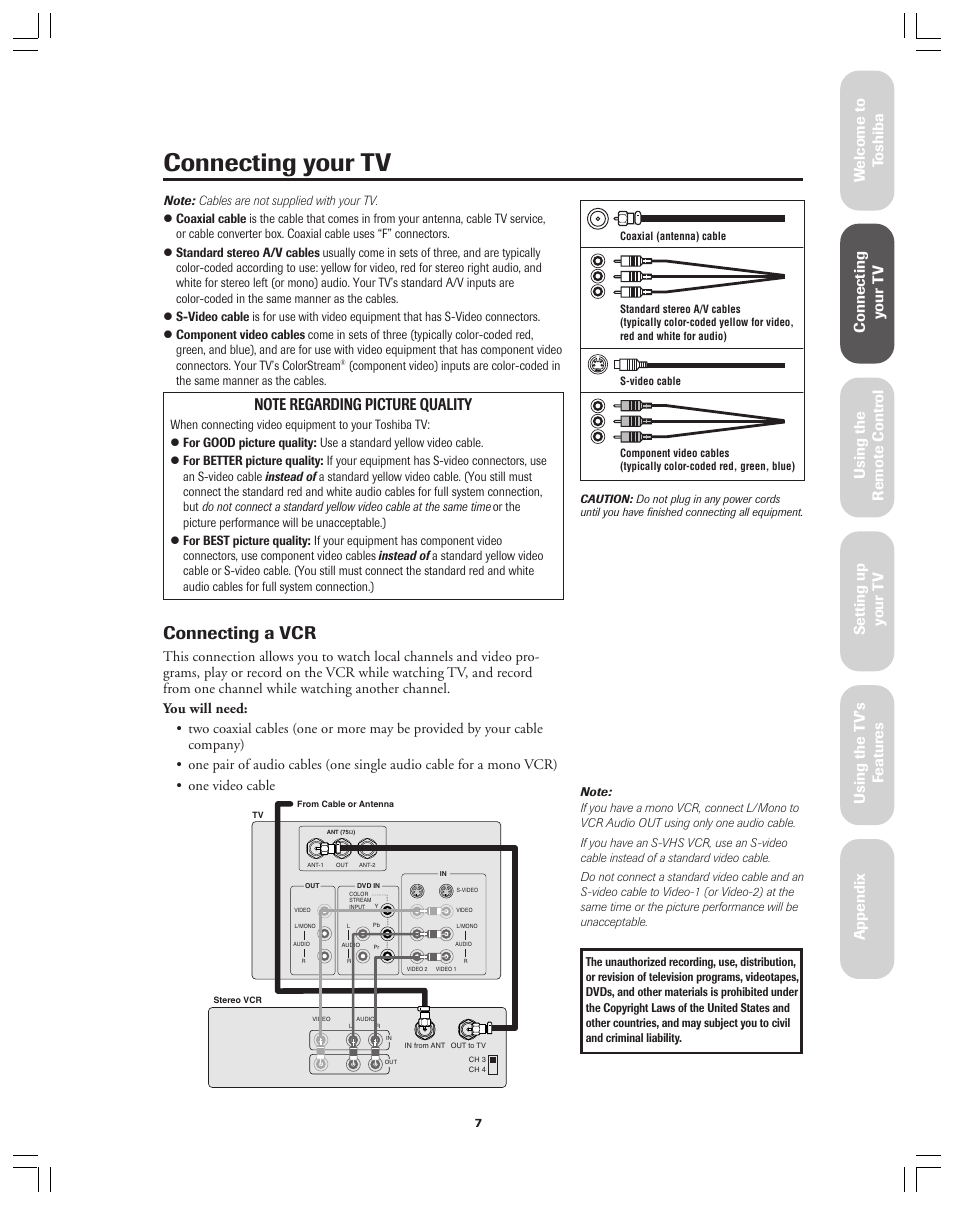 Connecting your tv, Connecting a vcr, Ref er ence | Toshiba 36AF12 User Manual | Page 7 / 41