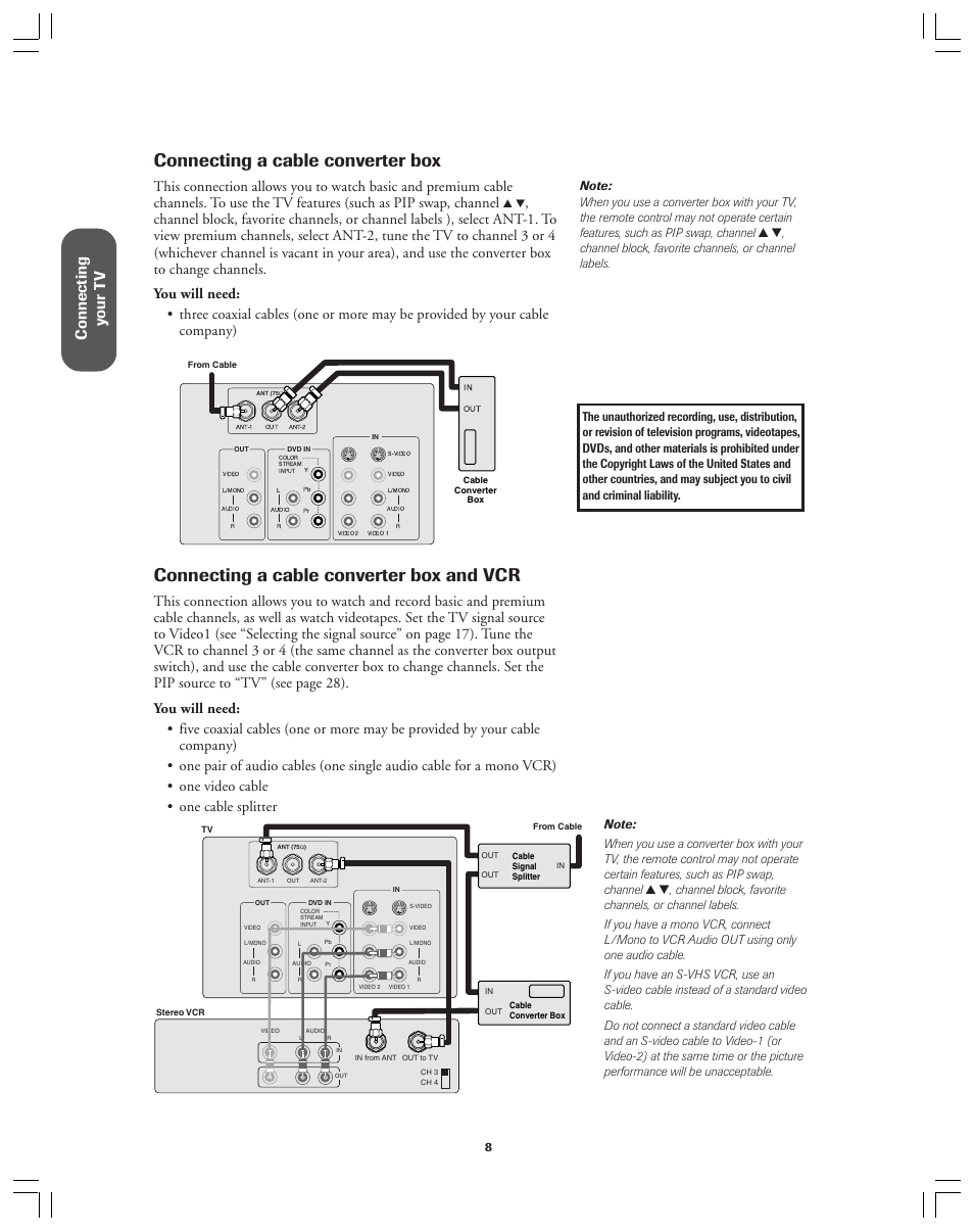 Cable converter box -- and a vcr, Connecting a cable converter box, Connecting a cable converter box and vcr | Ref er ence, Connecting y our t v | Toshiba 36AF12 User Manual | Page 8 / 41