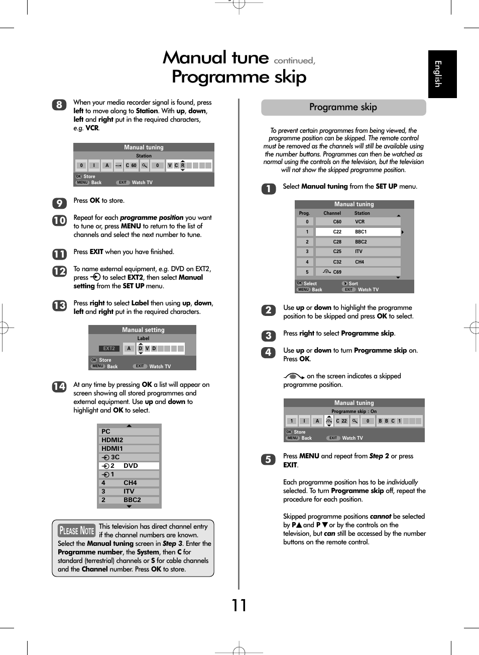 Manual tune, Programme skip, Lease | Ote english, Continued | Toshiba WL67 User Manual | Page 11 / 28