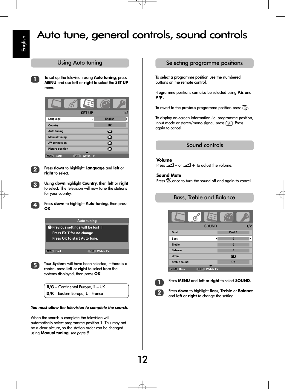 Auto tune, general controls, sound controls, Using auto tuning 1 2 3 4, Selecting programme positions sound controls | Bass, treble and balance 1 2 | Toshiba WL67 User Manual | Page 12 / 28