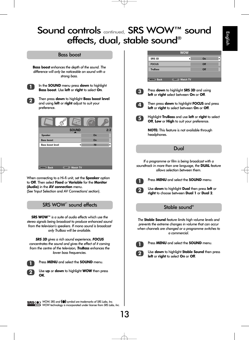 Sound controls, Srs wow™ sound effects, dual, stable sound, Srs wow | Sound effects, Stable sound, Dual, Bass boost | Toshiba WL67 User Manual | Page 13 / 28