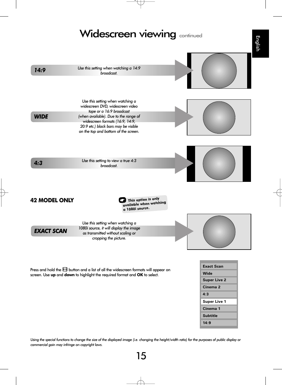 Widescreen viewing, Exact scan, 42 model only | Wide | Toshiba WL67 User Manual | Page 15 / 28